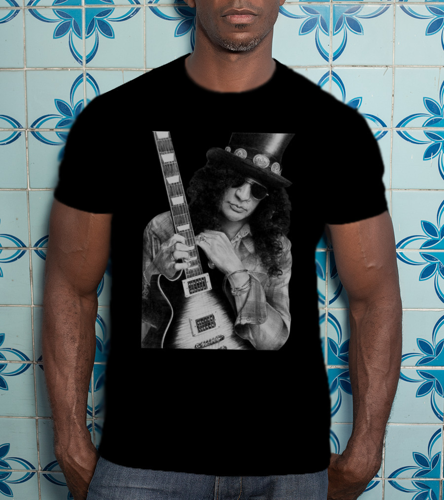 Guns N' Roses Slash With Guitar Iconic Black And White T-Shirt