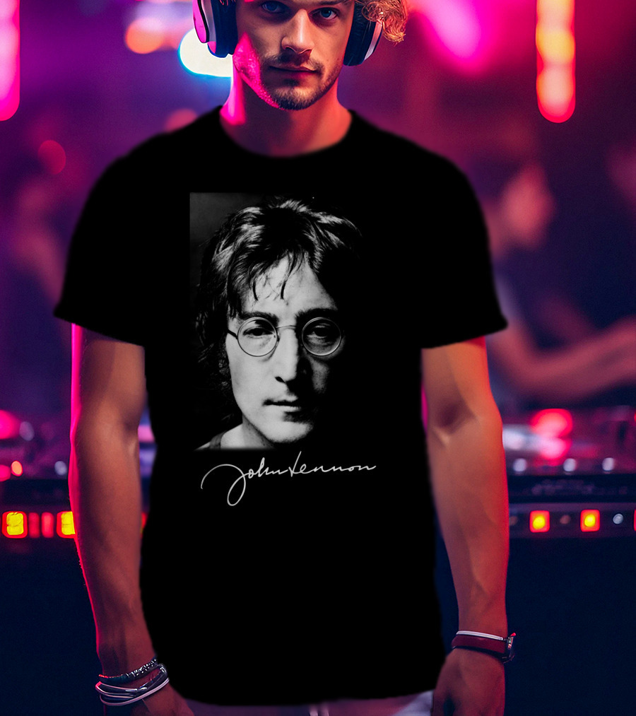 John Lennon Black And White Portrait With Signature T-Shirt