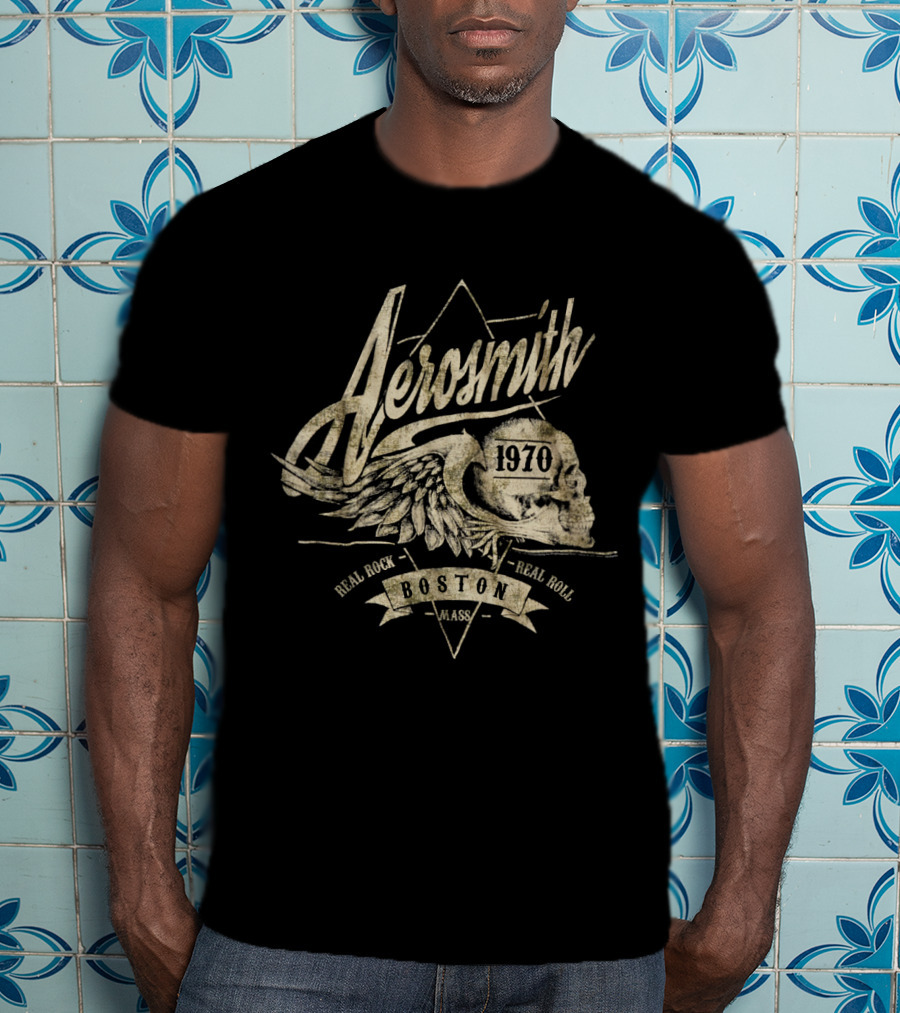 Aerosmith 1970 Winged Skull Real Rock Real Roll Boston Mass T-Shirt