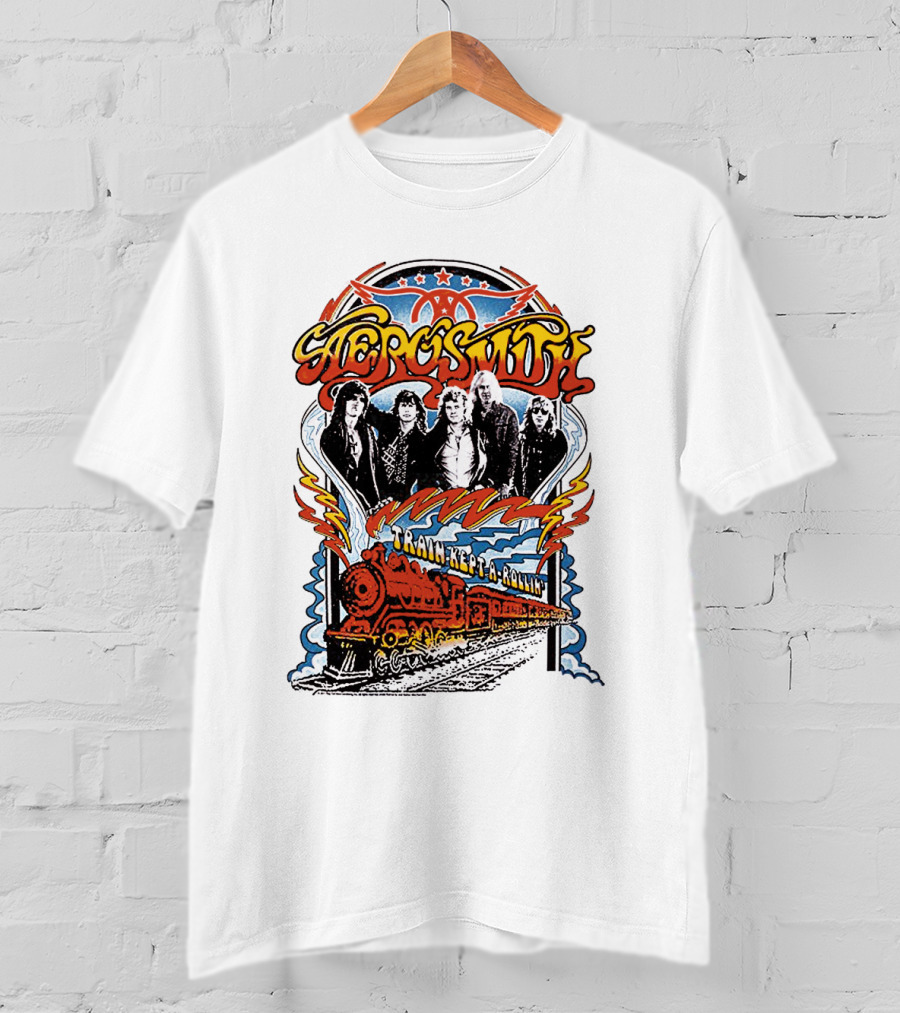 Aerosmith Train Kept A Rollin' Retro Band Graphic With Train And Stars T-Shirt