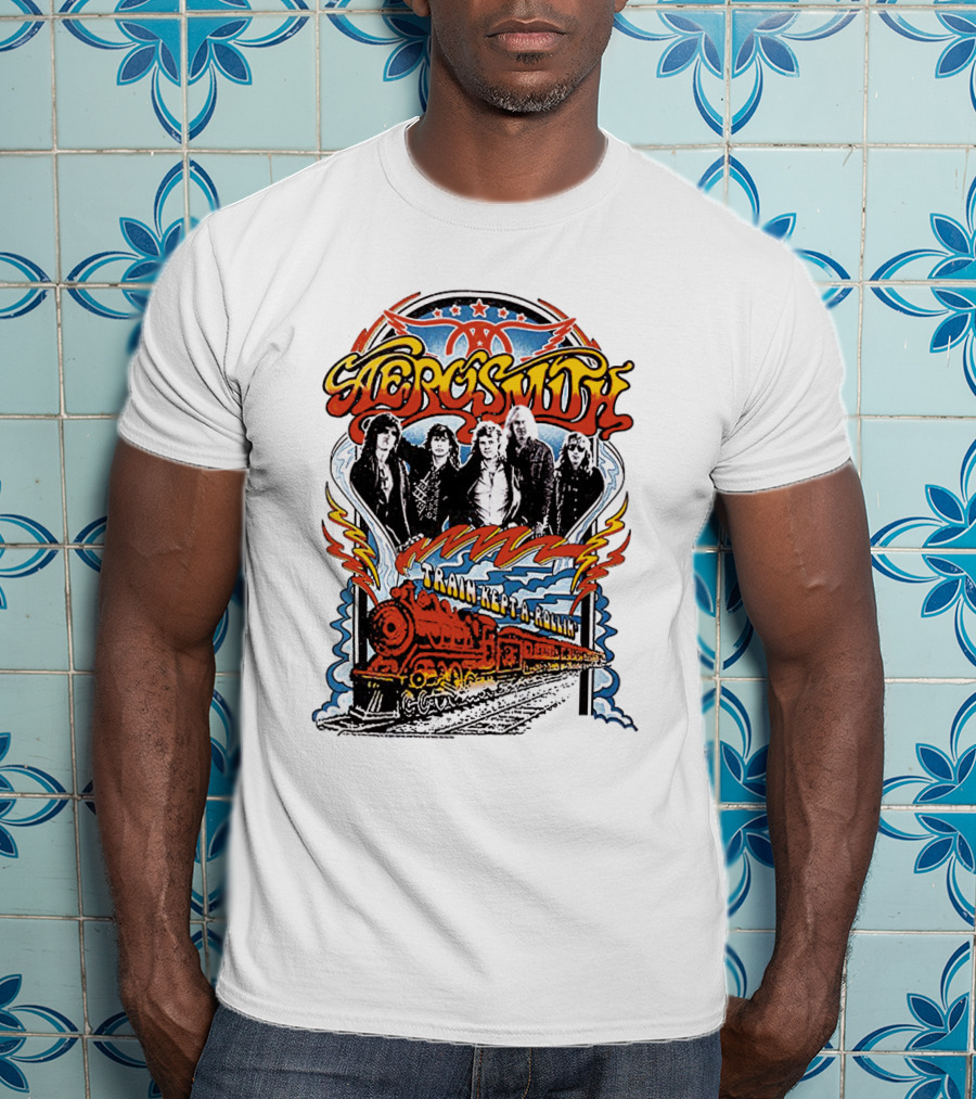 Aerosmith Train Kept A Rollin' Retro Band Graphic With Train And Stars T-Shirt