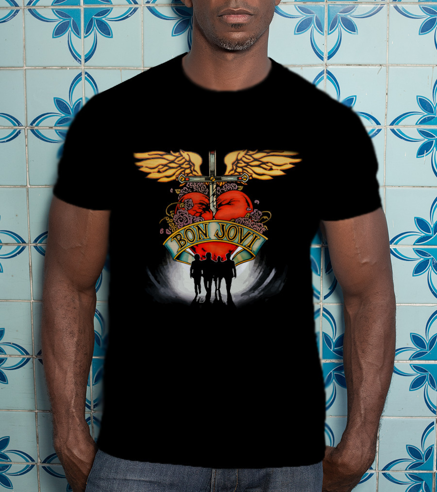 Bon Jovi Winged Heart Cross Silhouette T-Shirt