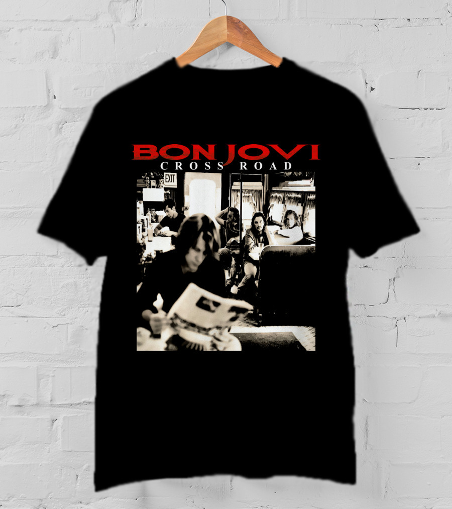 Bon Jovi Cross Road Album Cover Black And White Café Scene T-Shirt