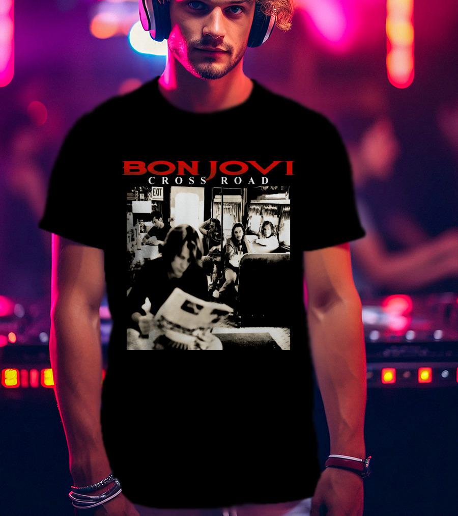 Bon Jovi Cross Road Album Cover Black And White Café Scene T-Shirt