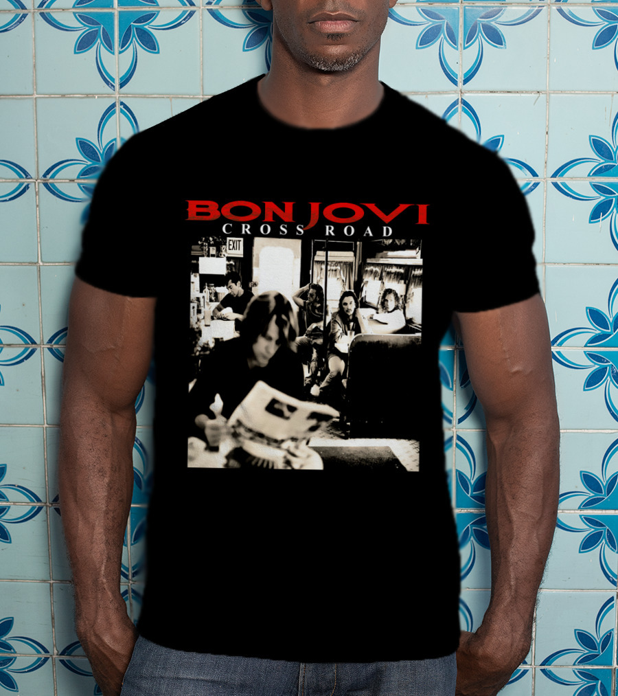 Bon Jovi Cross Road Album Cover Black And White Café Scene T-Shirt