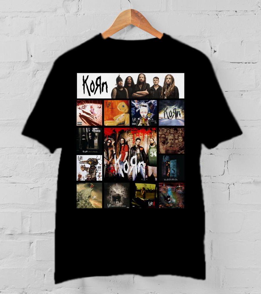 Korn Greatest Hits Collection Featuring Classic Album Covers And Band Members T-Shirt