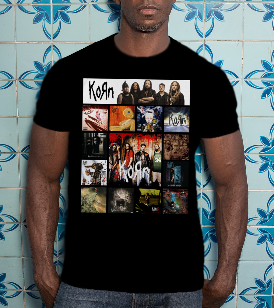 Korn Greatest Hits Collection Featuring Classic Album Covers And Band Members T-Shirt