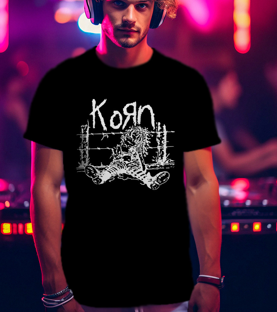 Korn Grunge Style Sitting Figure With Barbed Wire Background T-Shirt