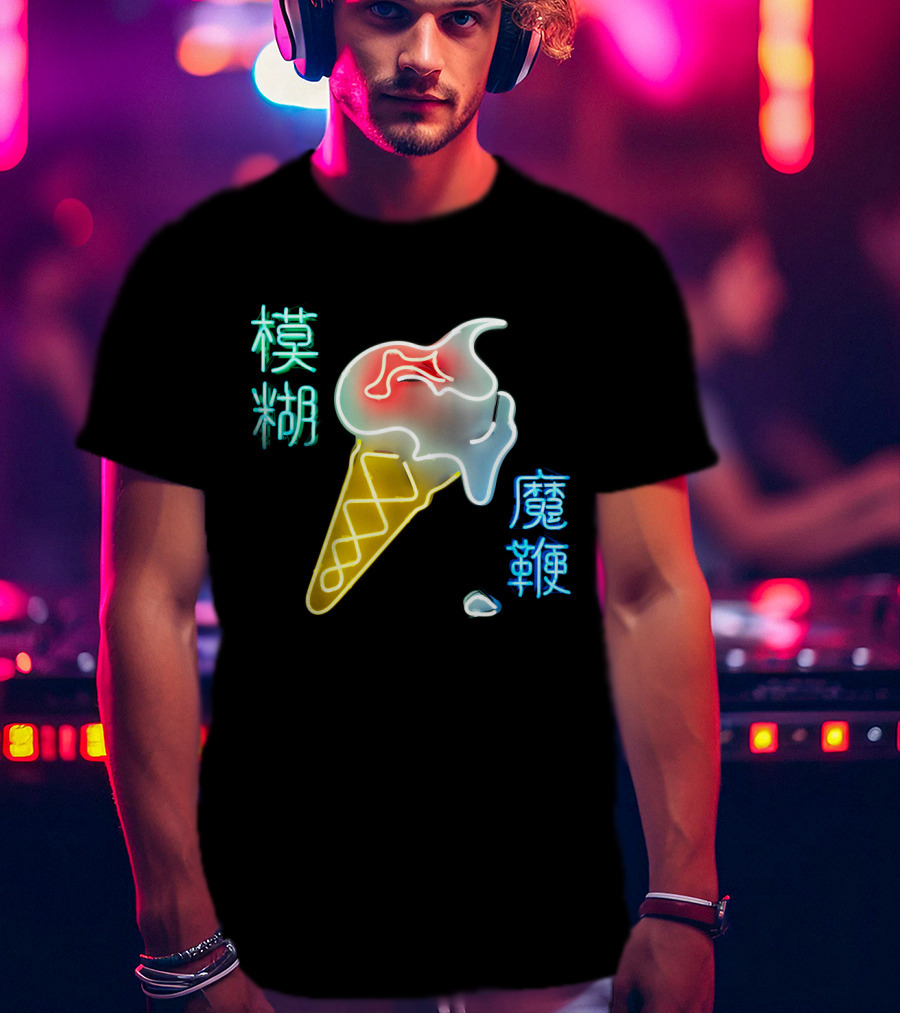 BLUR 06 Neon Ice Cream Cone And Chinese Characters T-Shirt