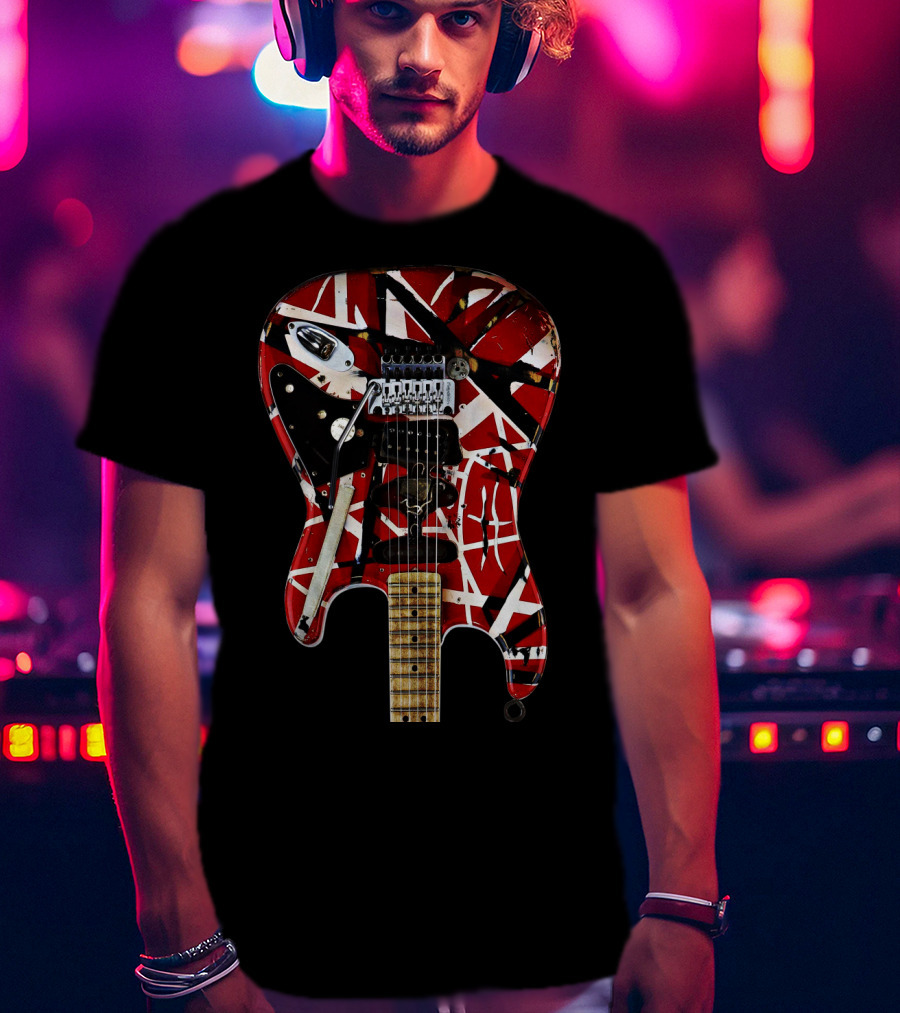 Red And White Striped Electric Guitar T-Shirt