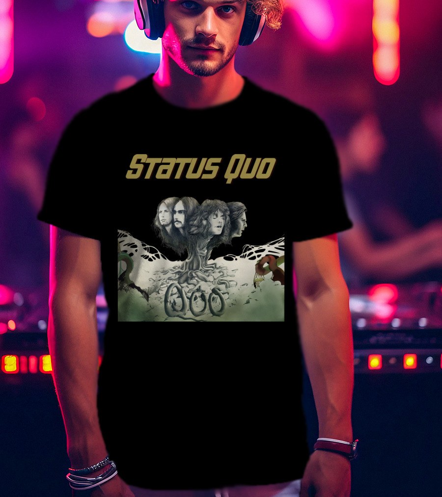 Status Quo Band Faces Tree Imagery With Members' Portraits T-Shirt