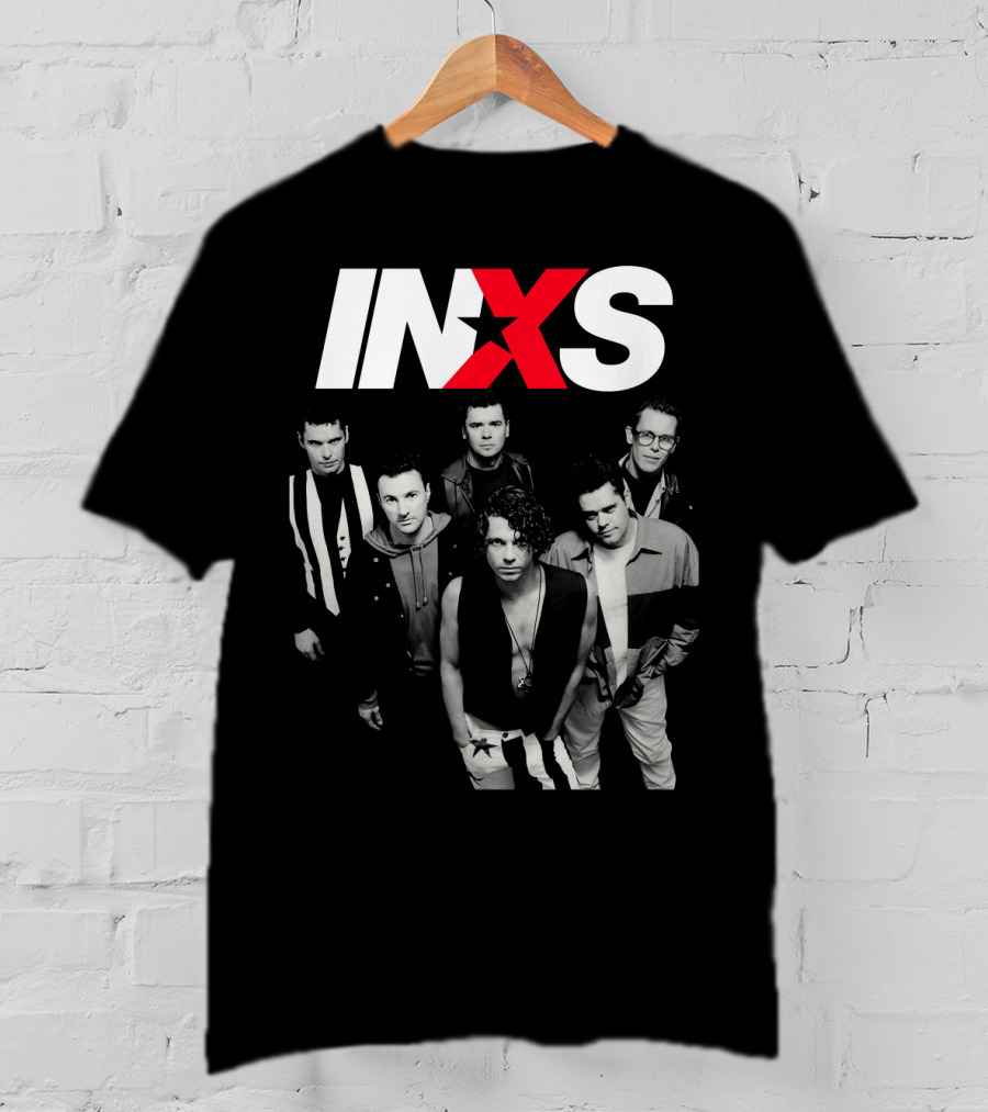 Inxs Band Black And White Group Photo With Red T-Shirt