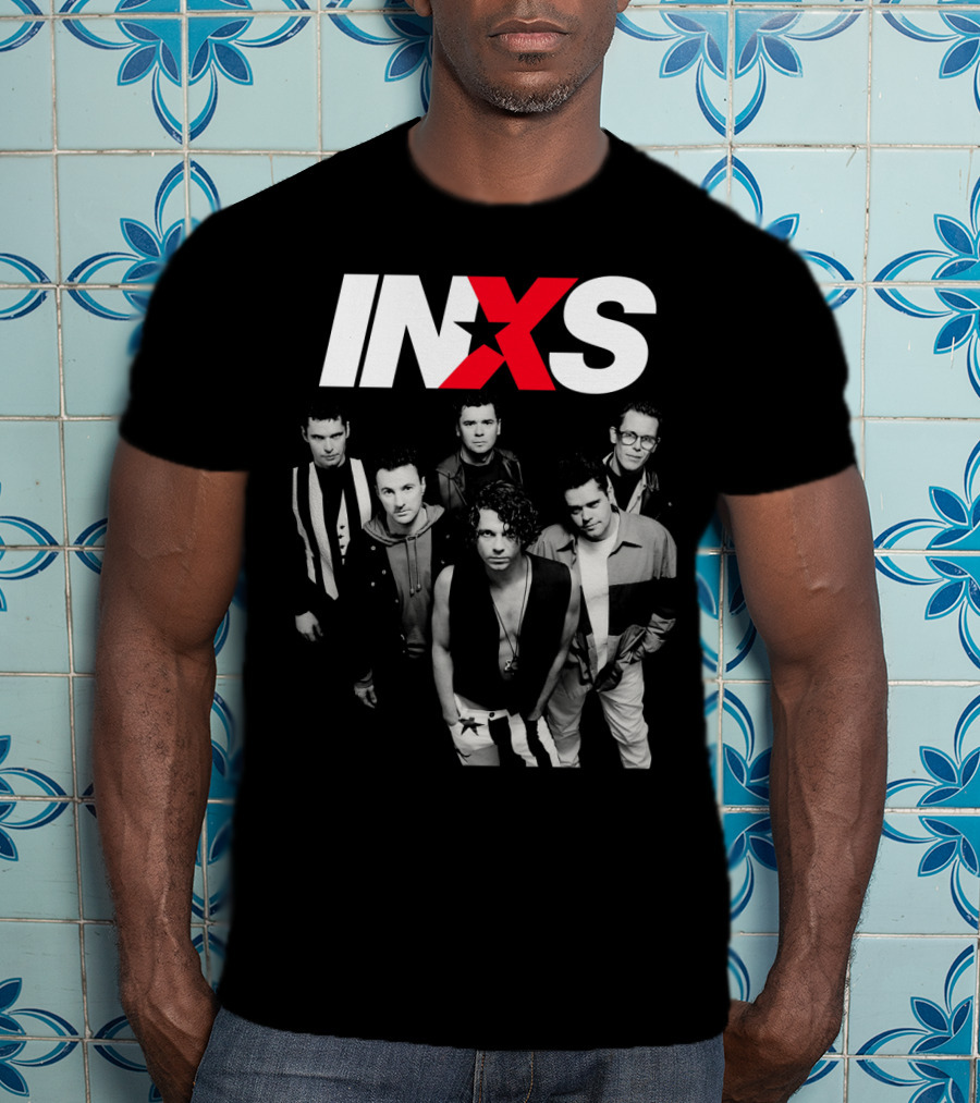 Inxs Band Black And White Group Photo With Red T-Shirt