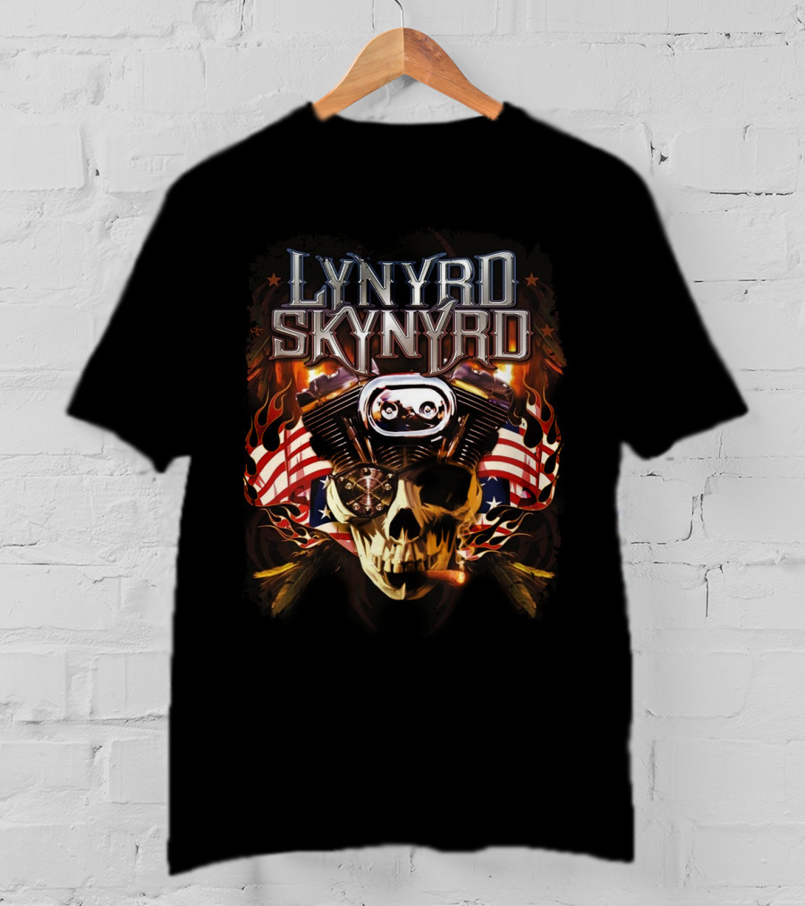 Lynyrd Skynyrd Motorcycle Engine Skull With American Flag Flames T-Shirt
