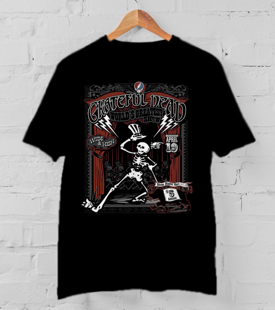 Grateful Dead World's Greatest Show April 19 Wide & High Skeleton With Top Hat T-Shirt