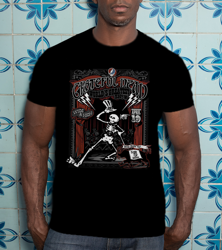 Grateful Dead World's Greatest Show April 19 Wide & High Skeleton With Top Hat T-Shirt