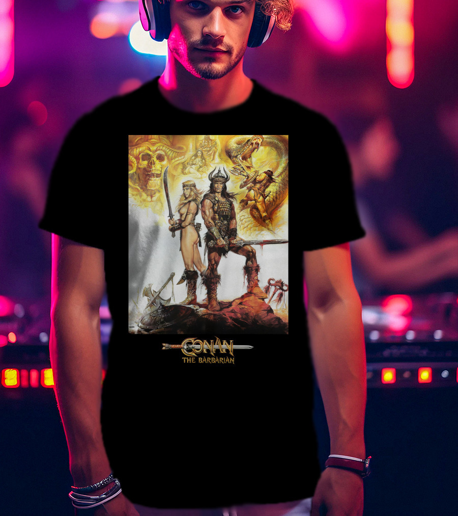 Conan The Barbarian Sword Skulls Warrior Fantasy Art T-Shirt