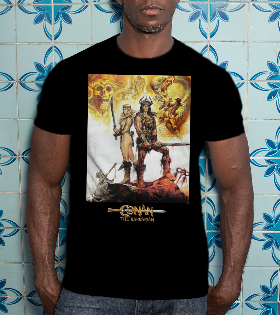 Conan The Barbarian Sword Skulls Warrior Fantasy Art T-Shirt