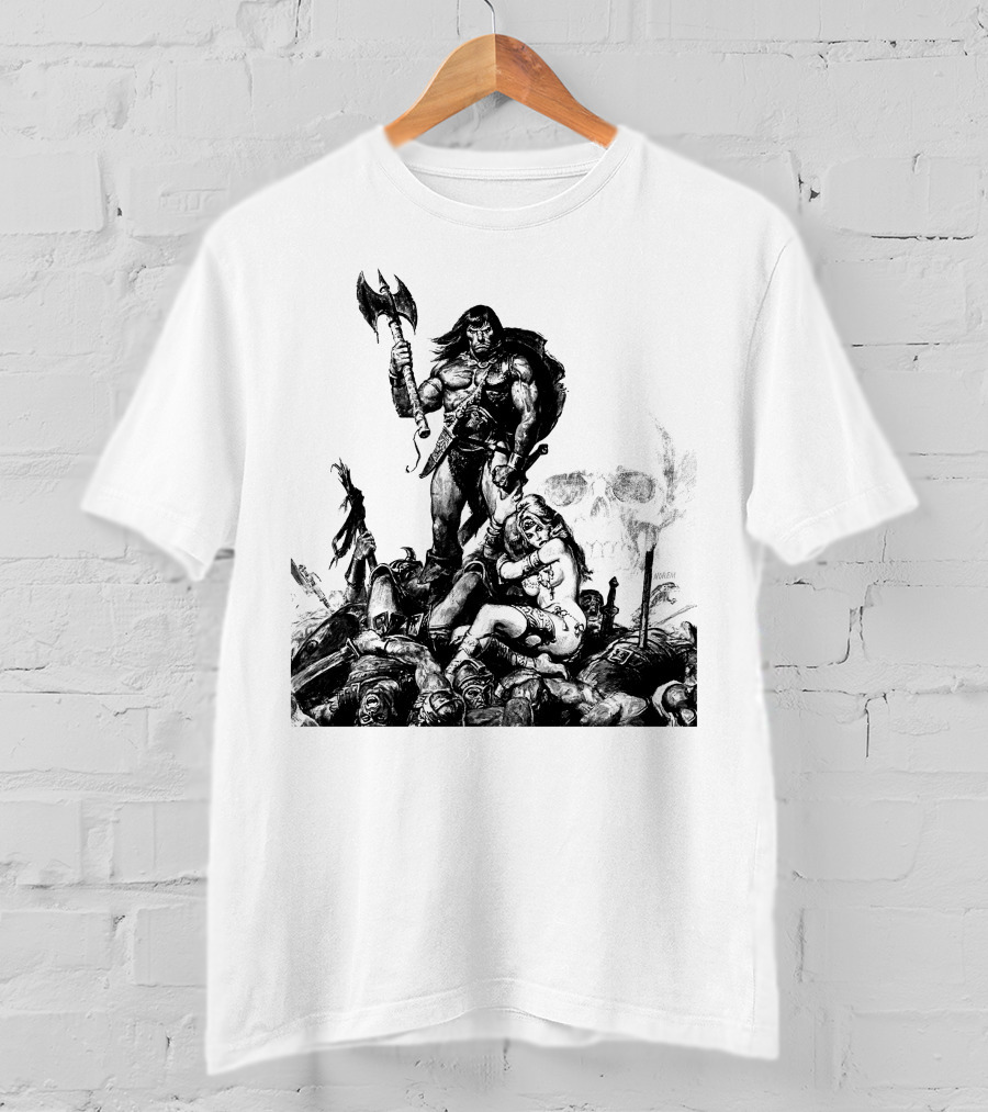 Conan Barbarian Warrior Standing On Battlefield With Axe And Skull In Background T-Shirt
