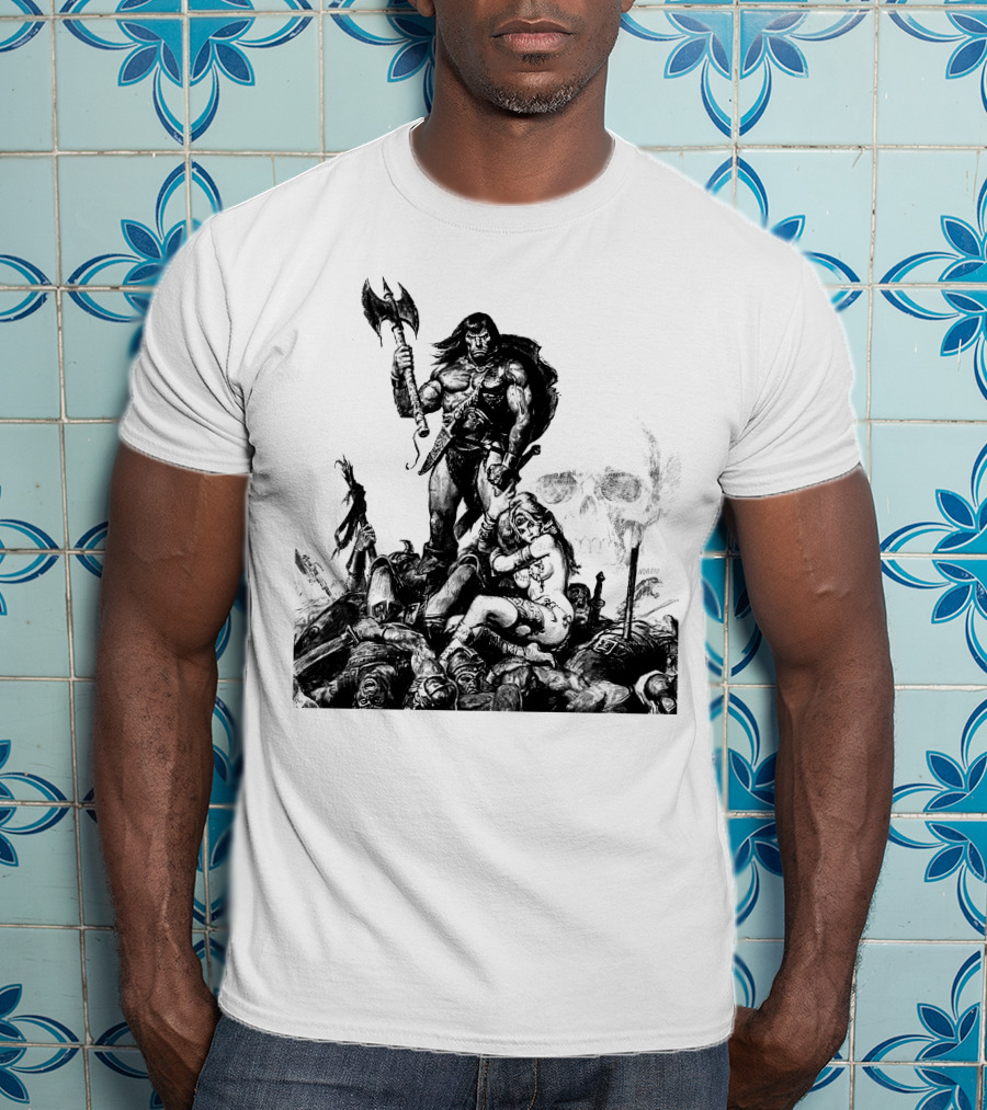 Conan Barbarian Warrior Standing On Battlefield With Axe And Skull In Background T-Shirt