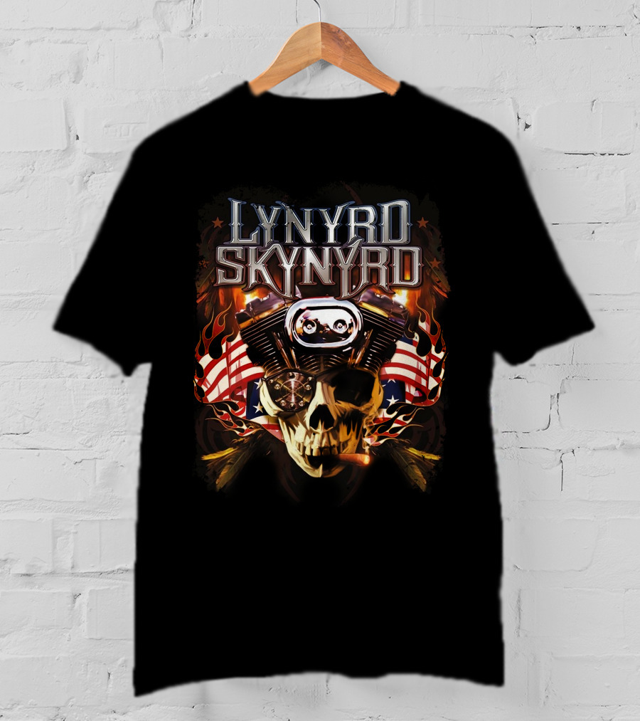 Lynyrd Skynyrd Skull Engine American Flag Flames T-Shirt