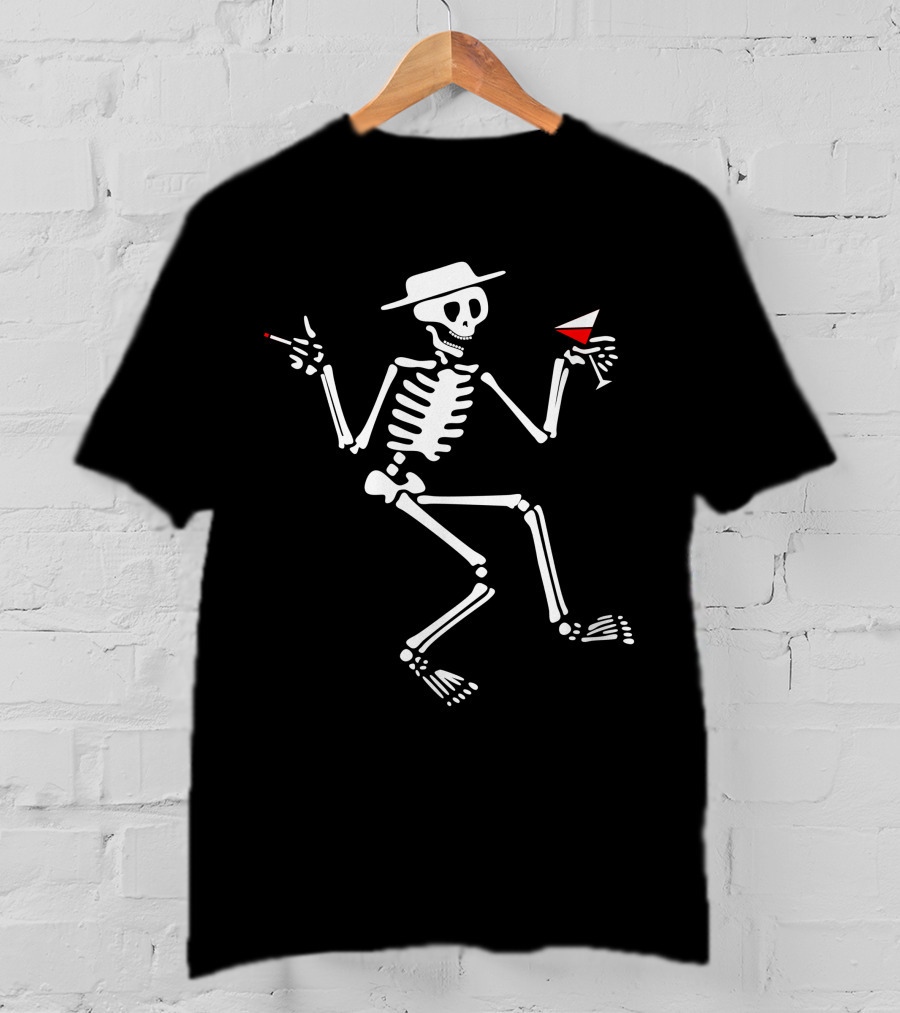 Sdt (28) Skeleton With Hat Smoking And Drinking Martini Iconic Symbol T-Shirt