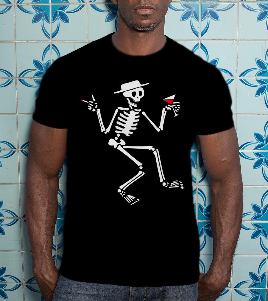 Sdt (28) Skeleton With Hat Smoking And Drinking Martini Iconic Symbol T-Shirt