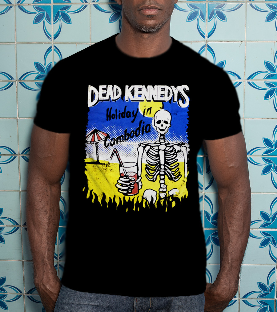 Dead Kennedys Holiday In Cambodia Skeleton Drink Umbrella Scene T-Shirt