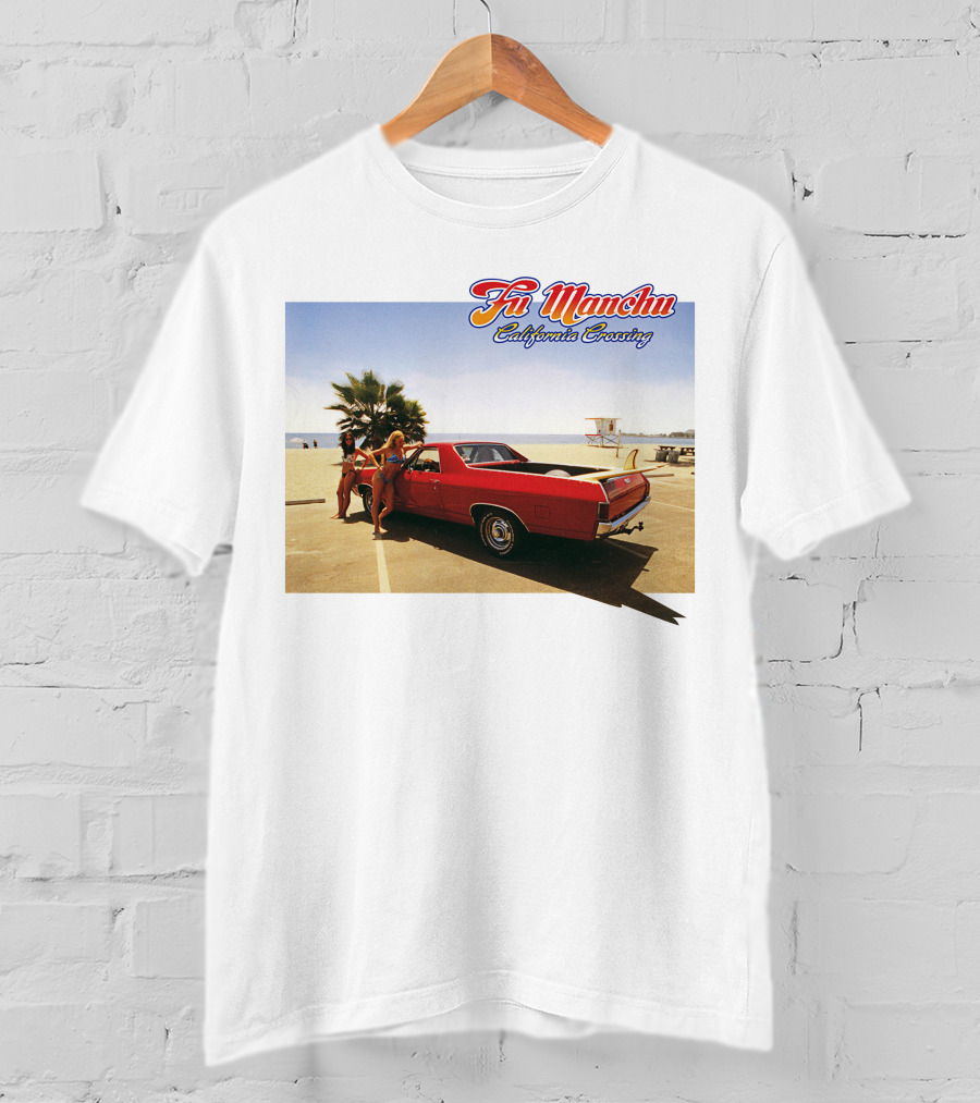 Fu Manchu California Crossing Red Car Beach Scene T-Shirt
