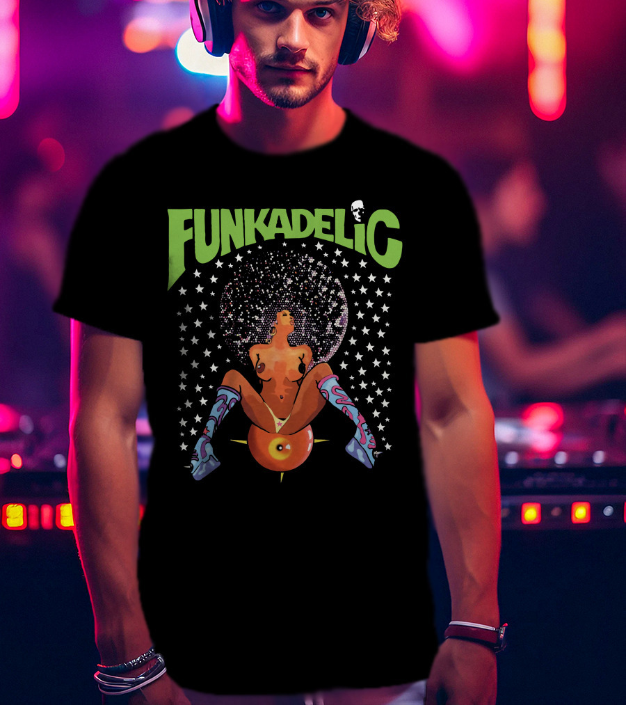 Funkadelic Psychedelic Art With Stars And Character On Black T-Shirt