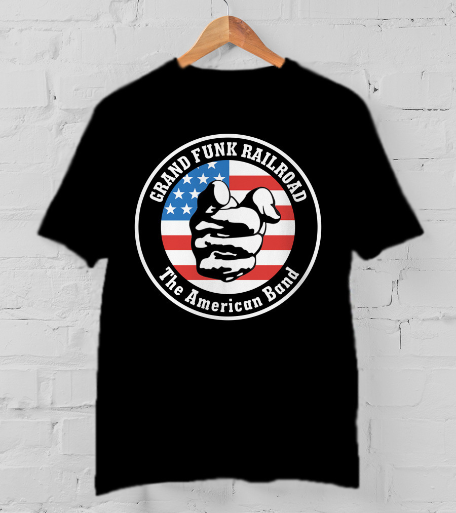 Grand Funk Railroad The American Band Logo With Pointing Hand On Usa Flag T-Shirt