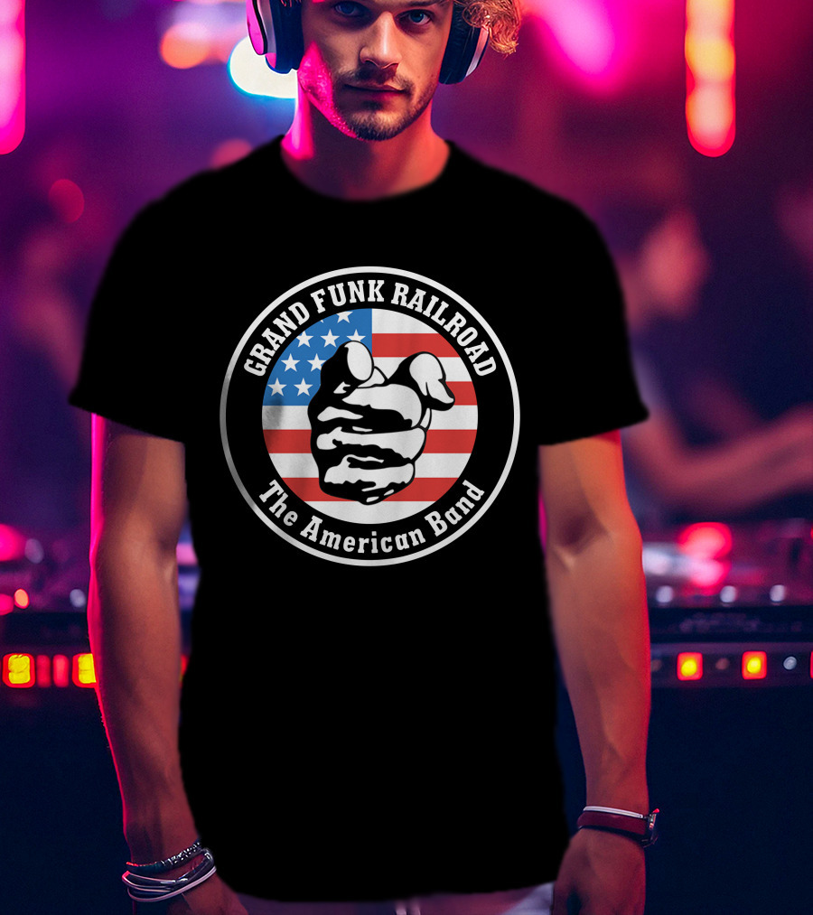 Grand Funk Railroad The American Band Logo With Pointing Hand On Usa Flag T-Shirt