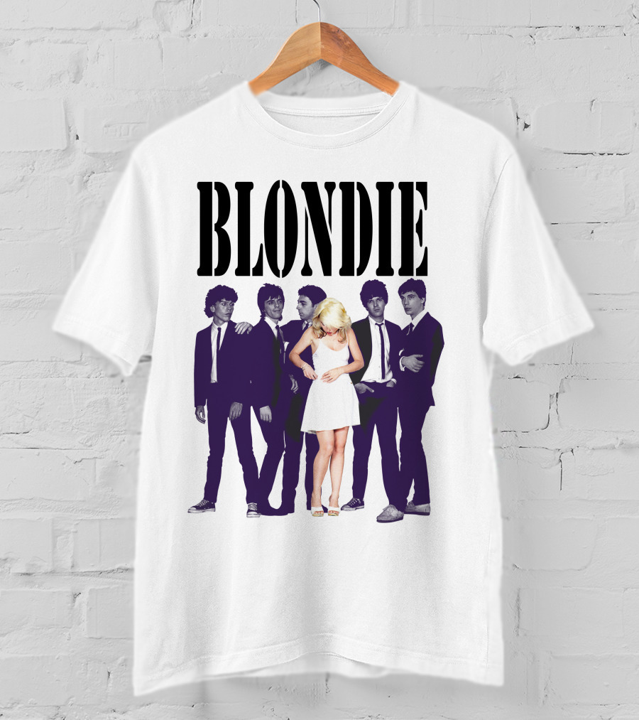 Blondie Band Classic Group Pose Black And White Borderline White Dress T-Shirt