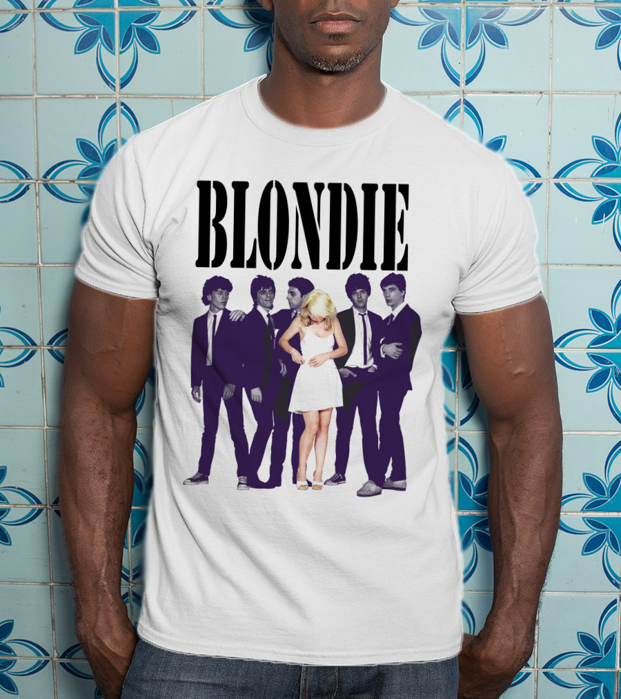 Blondie Band Classic Group Pose Black And White Borderline White Dress T-Shirt
