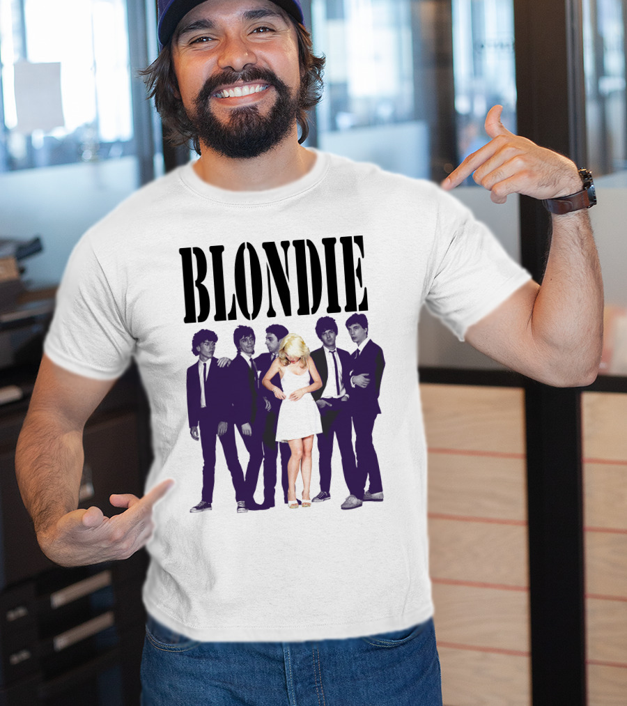 Blondie Band Classic Group Pose Black And White Borderline White Dress T-Shirt
