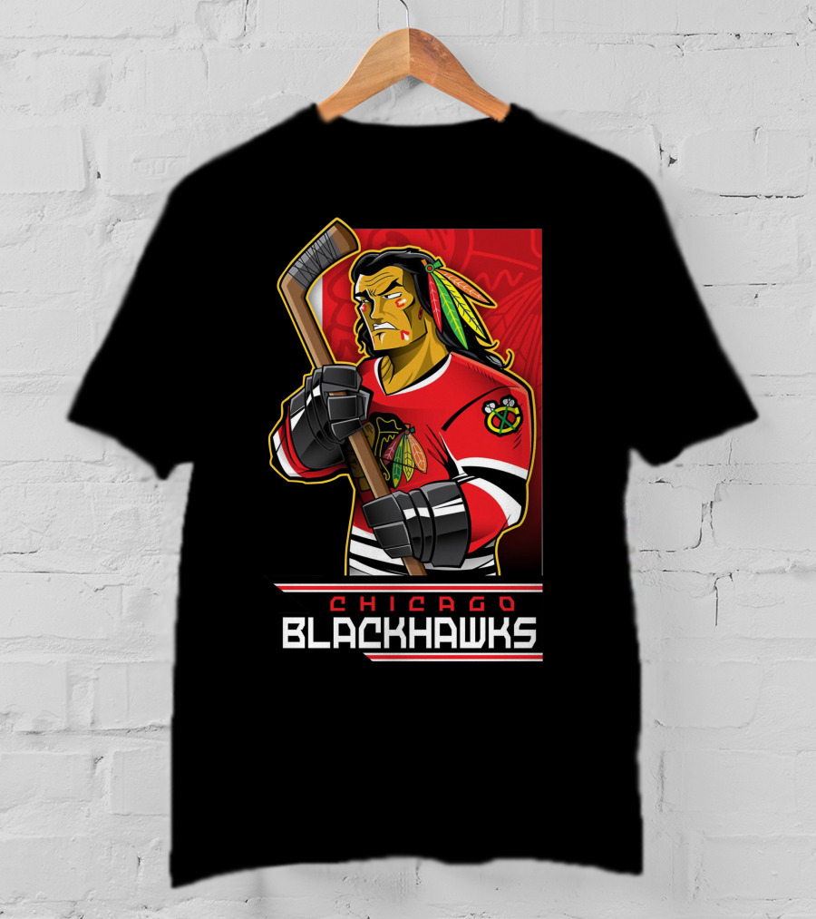 Chicago Blackhawks Hockey Player With Logo And Feathered Headdress T-Shirt
