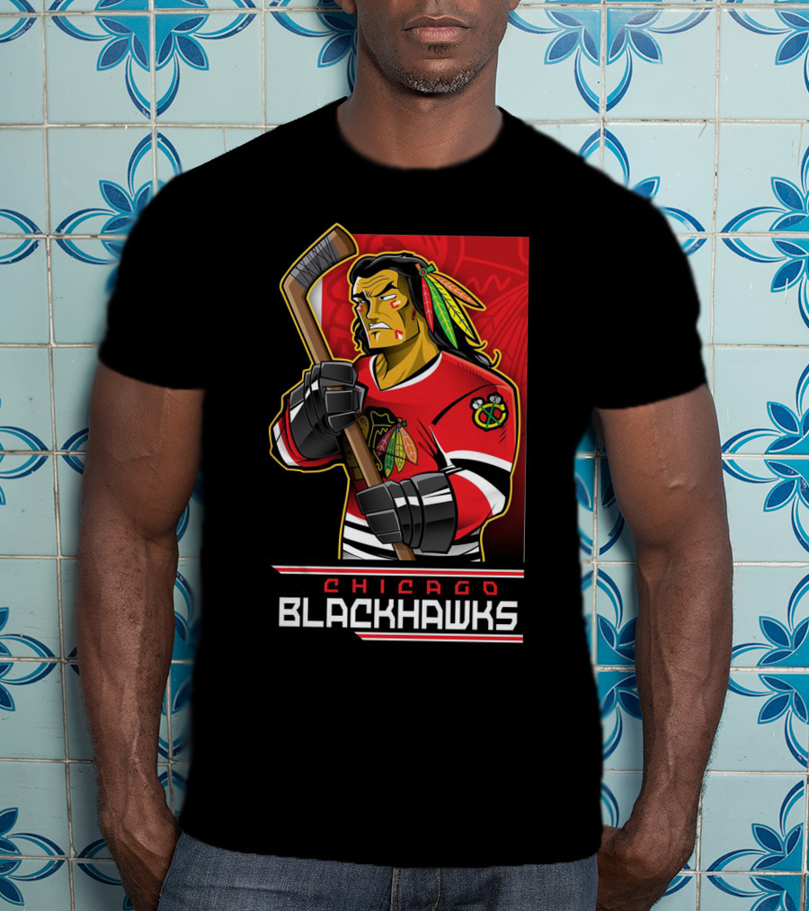Chicago Blackhawks Hockey Player With Logo And Feathered Headdress T-Shirt