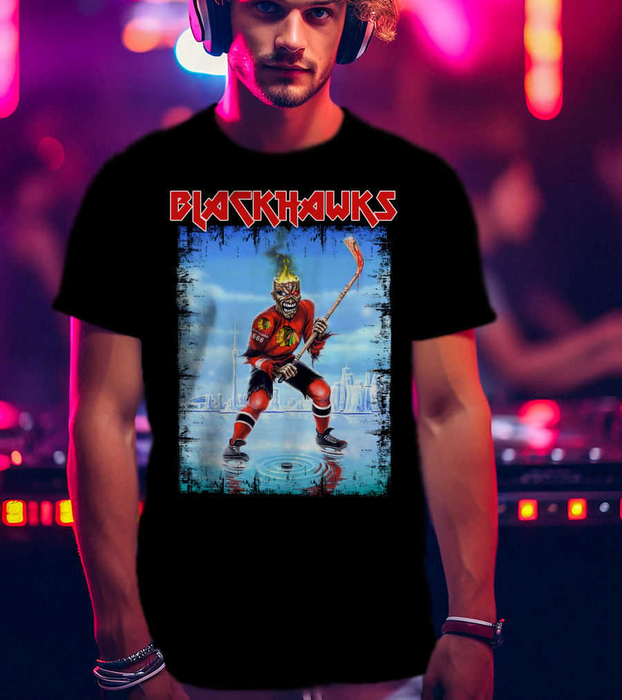 Blackhawks Hockey Player With Fiery Head And Stick T-Shirt