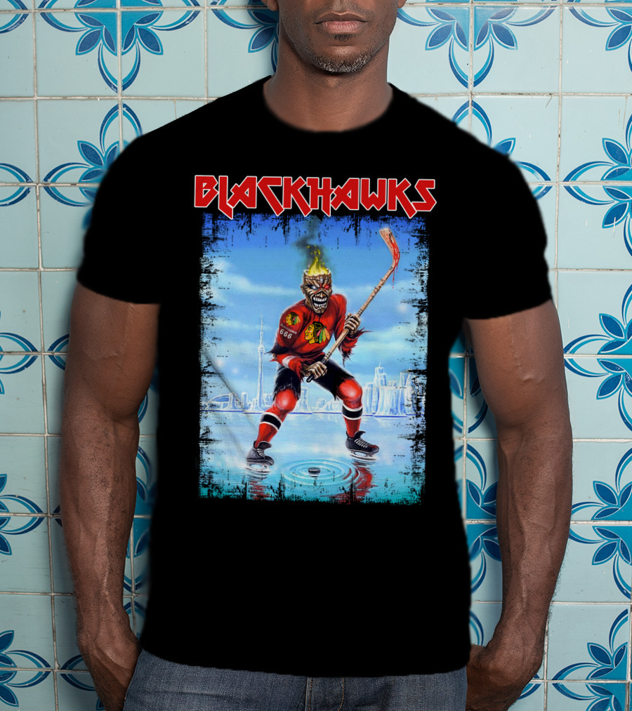 Blackhawks Hockey Player With Fiery Head And Stick T-Shirt