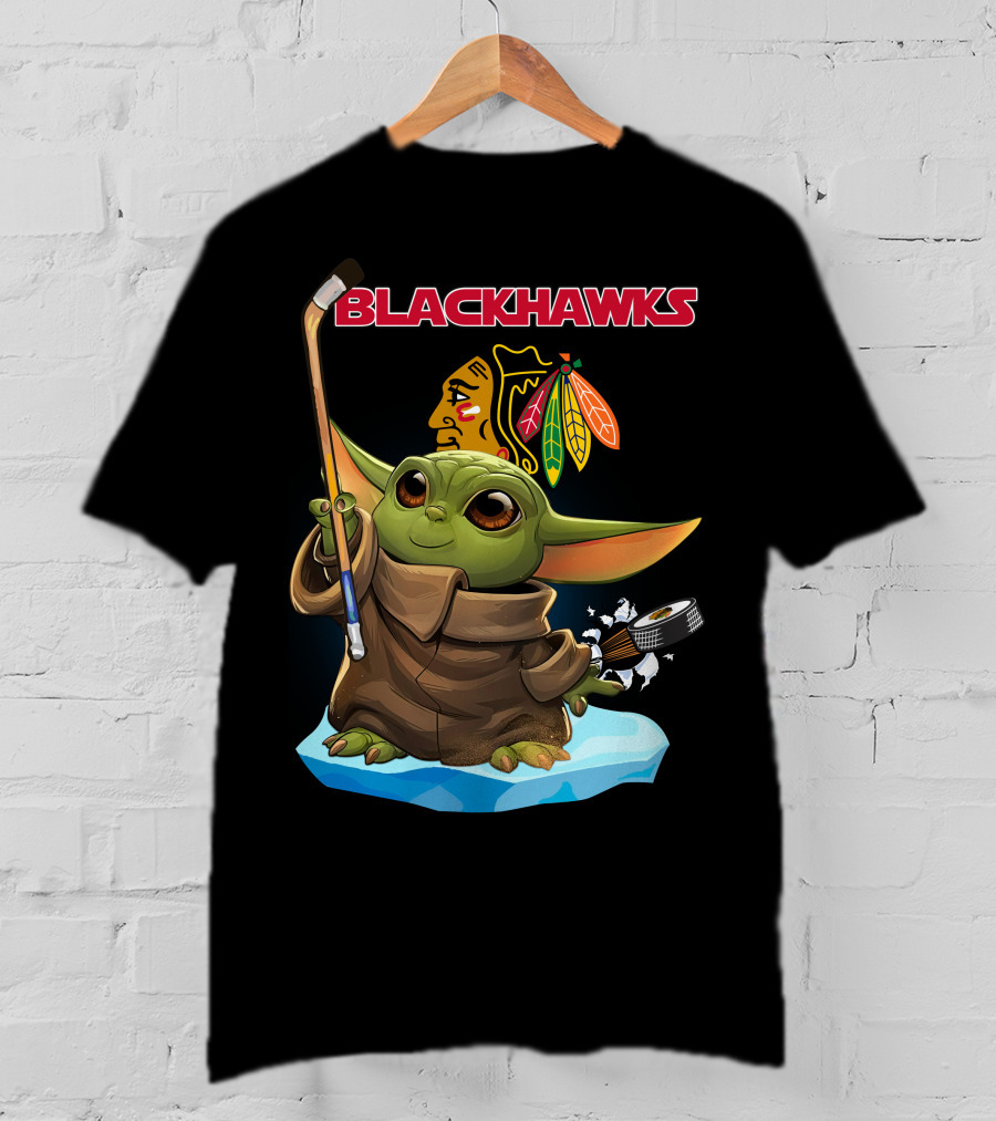 Baby Yoda Blackhawks Hockey Stick And Puck T-Shirt