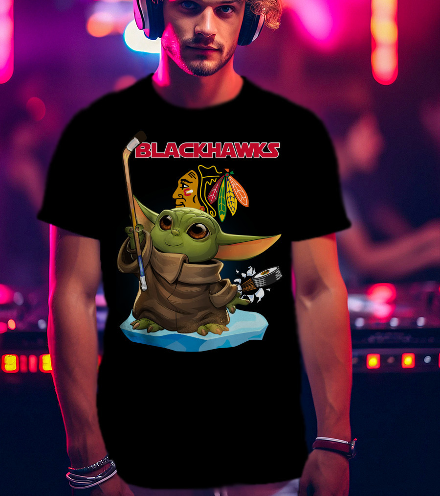 Baby Yoda Blackhawks Hockey Stick And Puck T-Shirt