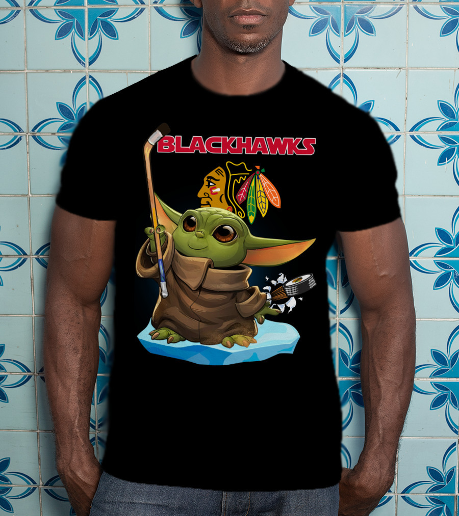Baby Yoda Blackhawks Hockey Stick And Puck T-Shirt