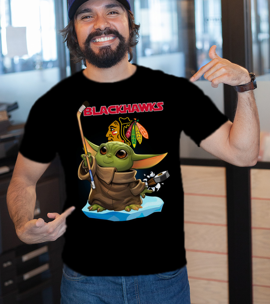 Baby Yoda Blackhawks Hockey Stick And Puck T-Shirt