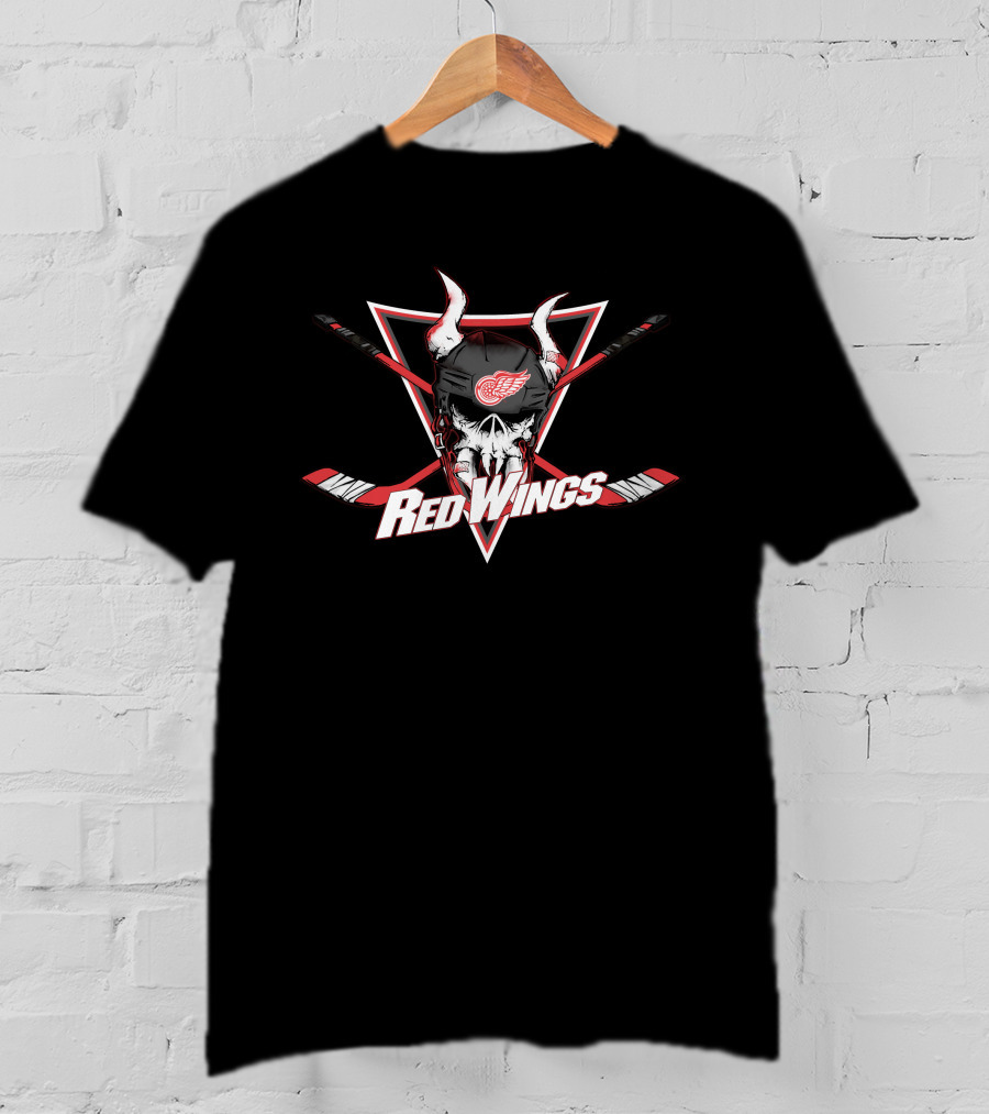 Red Wings Skull And Hockey Sticks T-Shirt