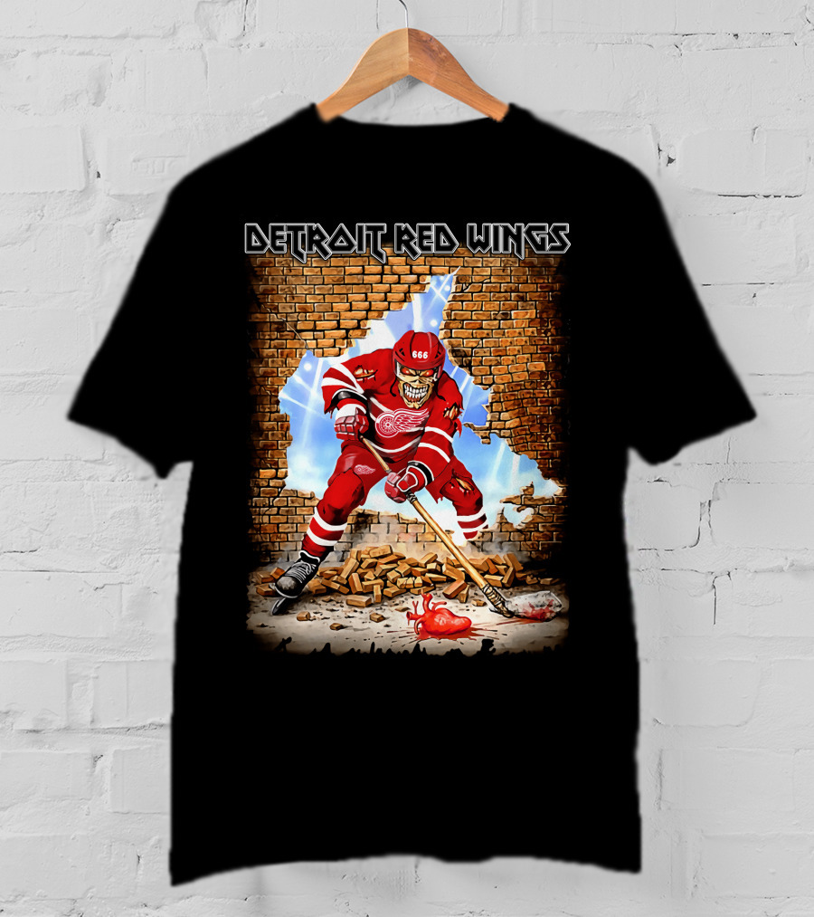 Detroit Red Wings Brick Wall Skeleton Hockey Player With Red Jersey And Ice Stick T-Shirt