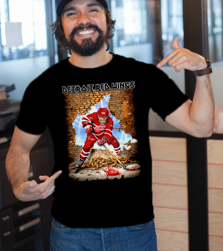 Detroit Red Wings Brick Wall Skeleton Hockey Player With Red Jersey And Ice Stick T-Shirt