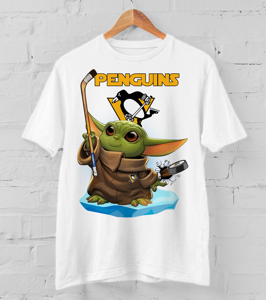 Baby Yoda Holding Hockey Stick With Pittsburgh Penguins T-Shirt