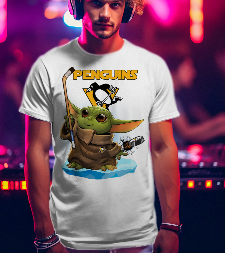 Baby Yoda Holding Hockey Stick With Pittsburgh Penguins T-Shirt