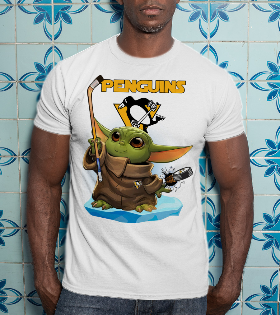 Baby Yoda Holding Hockey Stick With Pittsburgh Penguins T-Shirt