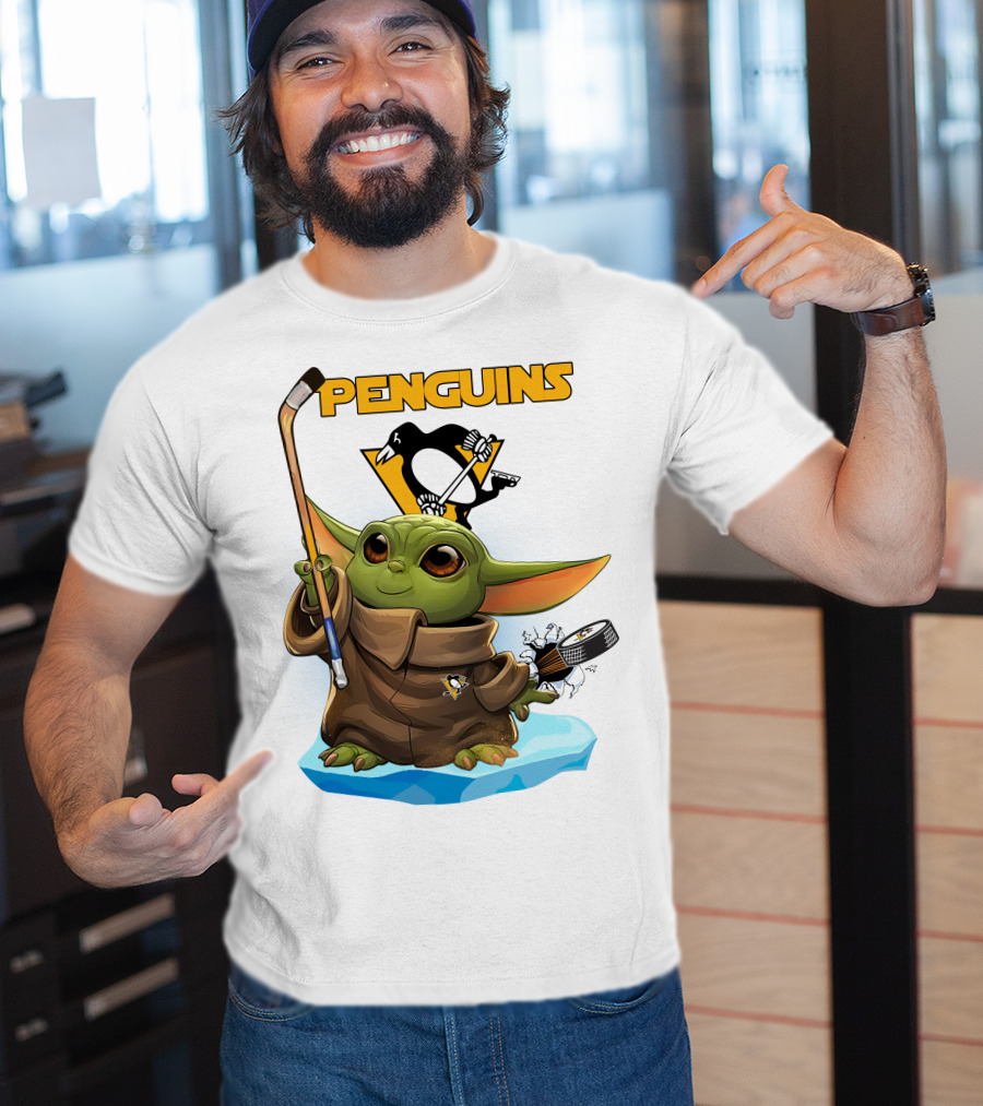 Baby Yoda Holding Hockey Stick With Pittsburgh Penguins T-Shirt